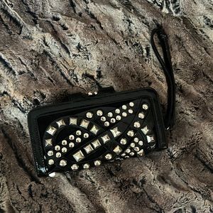 Nicole Lee Designer Black Studded Clutch with detachable wrist strap